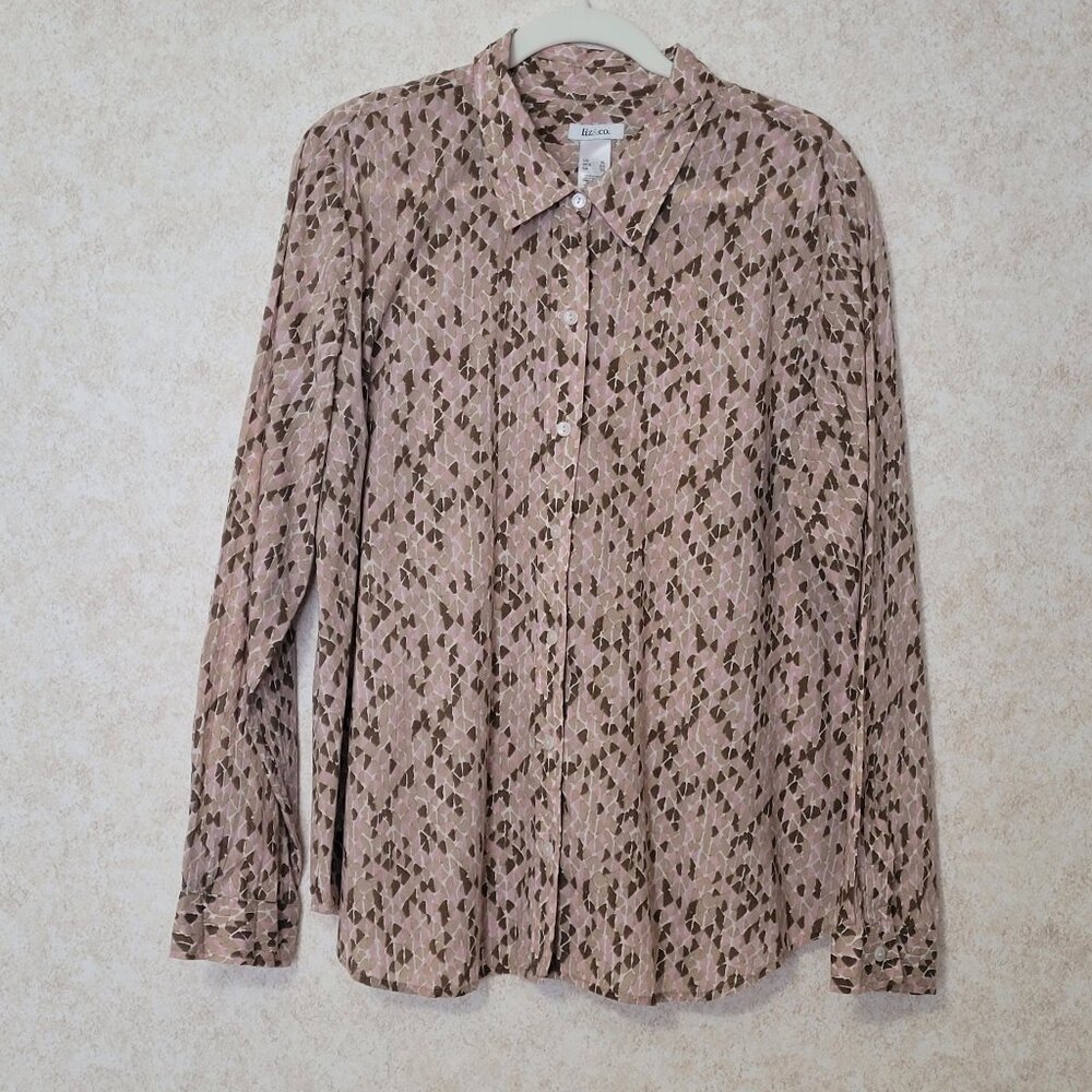 Tan Dusty Pink  Brown Liz & Co. Lighweigth Womens Long Sleeve Button Blouse XL